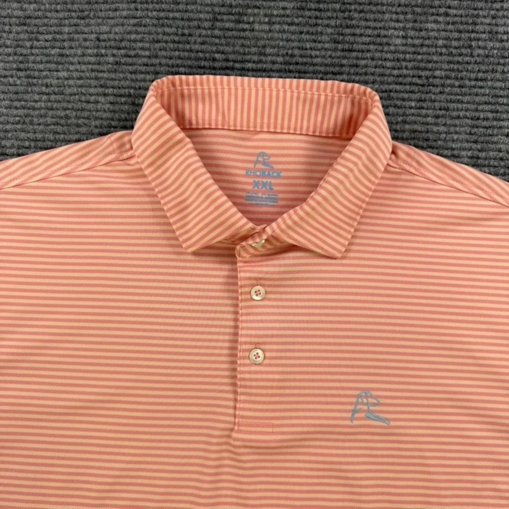 Rhoback Men XXL Performance Polo Shirt Orange Pink Striped Short Sleeve Golf 2XL